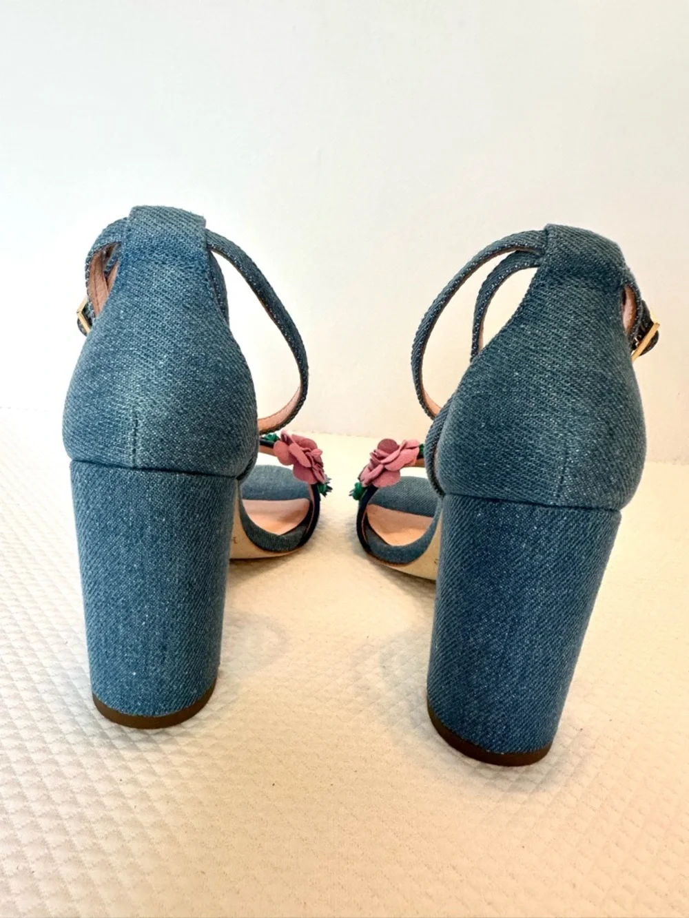 Kate Spade NY RARE Blue Denim Block Heel Sandals with Floral Appliqué Festive - Picture 3 of 10